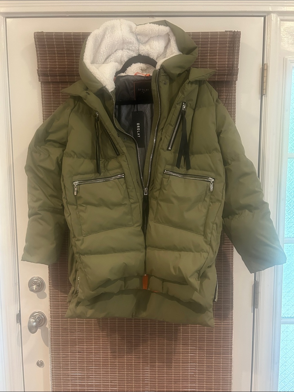 ✨ OROLAY Olive Green Puffer Jacket with Sherpa Hood Trim ✨